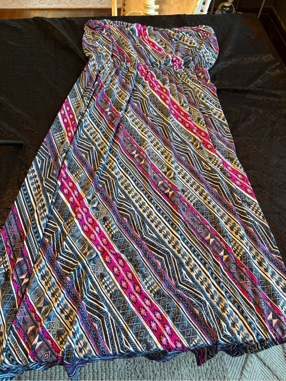 Trixxi Strapless Maxi Dress in Pink, Blue & Black Geometric Print